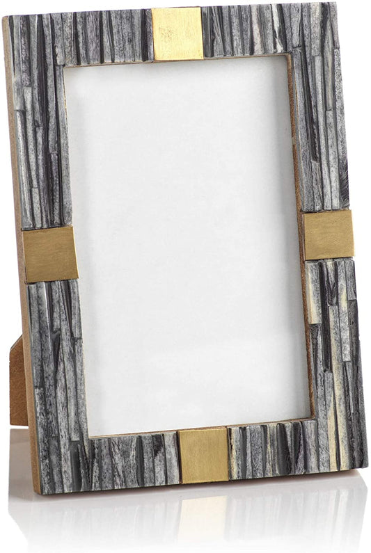 Zodax Ribbed Gray Bone Photo Frame with Brass Accent 4x6