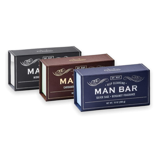 San Francisco Soap Company Man Bar Set of 3 10 oz. Soap Bars (Cardamom+Juniper, Midnight Amber, Silver Sage+Bergamot)