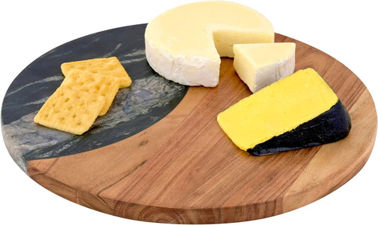 Cruiser’s Caché | 12" Round Marble Cheese Board with Acacia Accent | Handcrafted Charcuterie Board