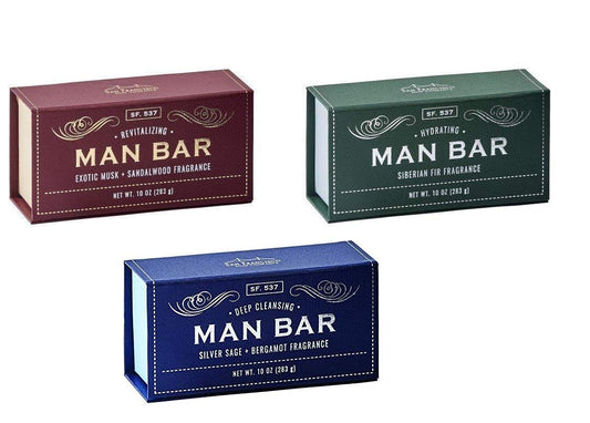 San Francisco Soap Company - Set of 3 Man Bars - Deep Cleansing (Silver Sage & Bergamot), Hydrating (Siberian Fir) and Revitalizing (Exotic Musk + Sandawood) 10 Ounce Each