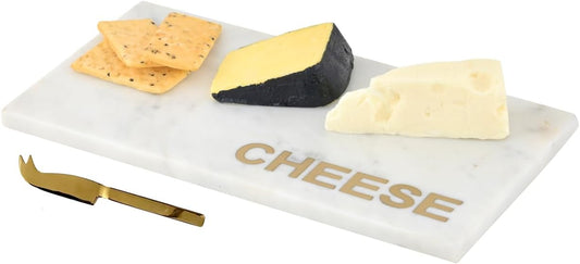 Cruiser’s Caché | Marble and Brass Cutting Board & Gold Cheese Knife Serving Set